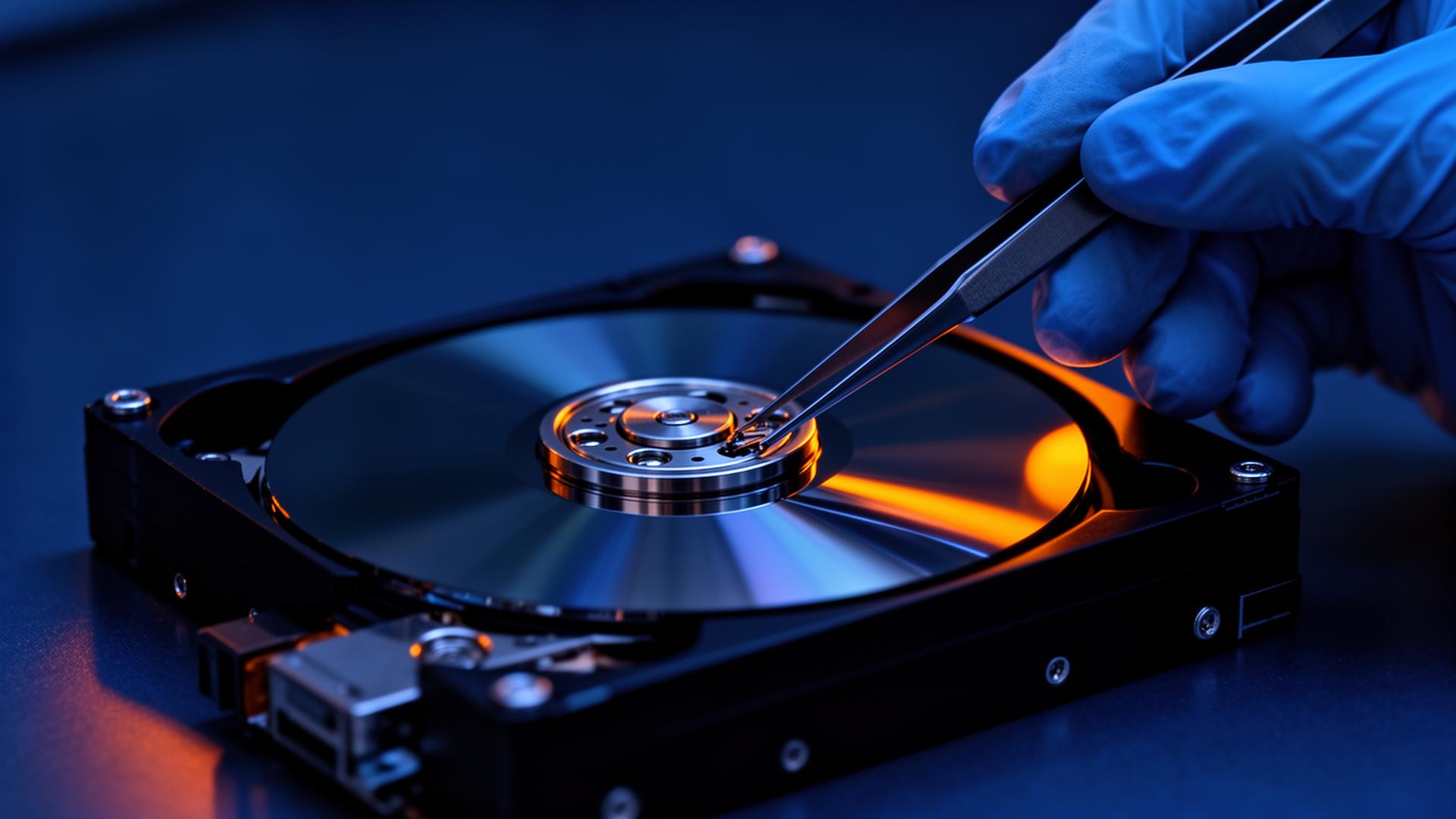Engineer recovering data from an open hard disk drive in a cleanroom
